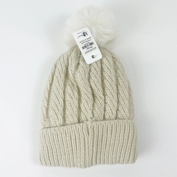 JC Sunny Just Classy Hat Womens One Size Beige Knit Fauc Fur Pom Pom Beanie - Picture 2 of 7